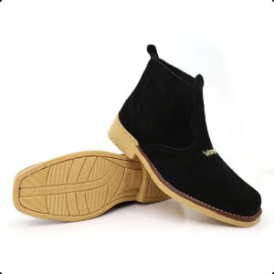 Botina Masculina Tradicional em Couro Nobuck Preto com Elástico e Solado de Látex